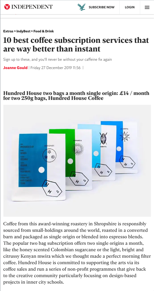 The Independent, 10 Best Coffee subscriptions, Online, 2019
